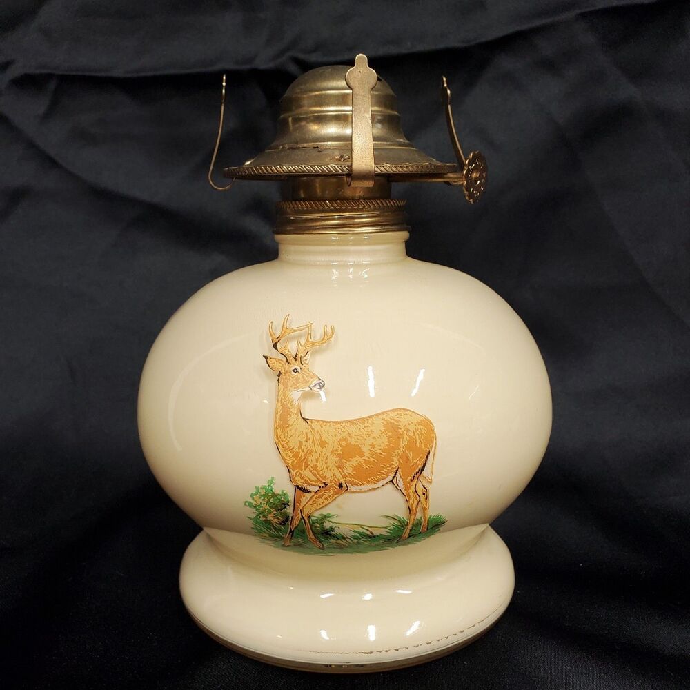 Vintage Lamplight Farms Glass Oil Lamp Deer Stag Hurricane Lamp